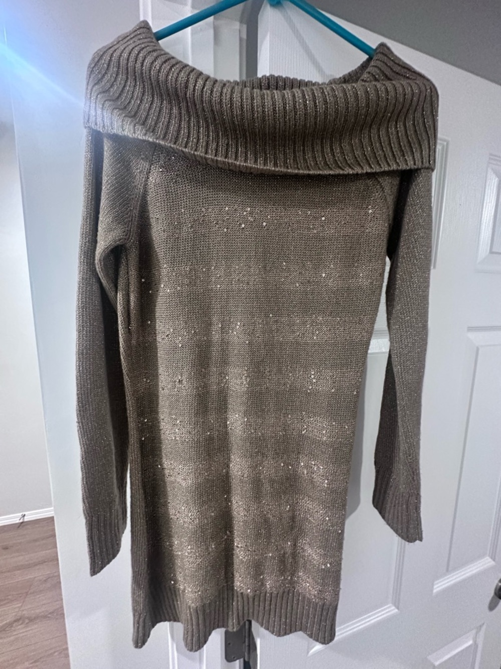 I.N. San Francisco Metallic Taupe Knit Off-Shoulder Sweater Dress